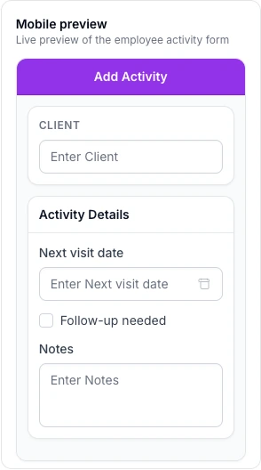 NexaSync mobile form preview with next visit date, follow-up and notes fields.