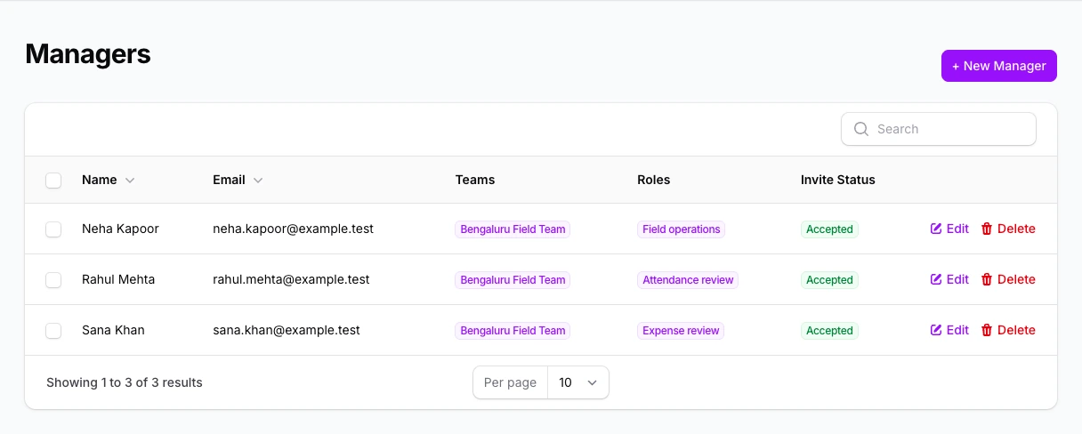 NexaSync managers table showing team, roles and invitation status.