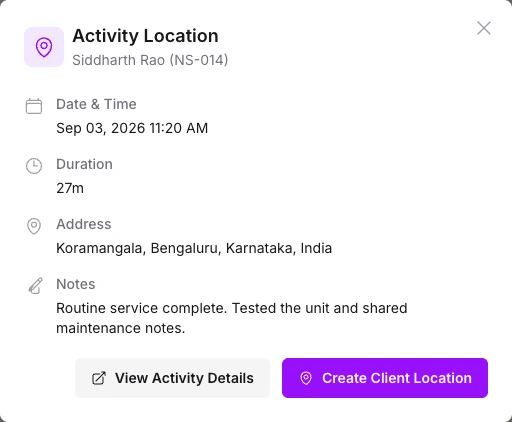 NexaSync activity summary with employee, visit time, duration, address and service notes.