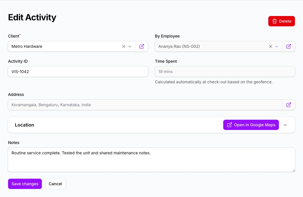 Task Management NexaSync client visit showing Metro Hardware, the employee, time spent, location and service notes.