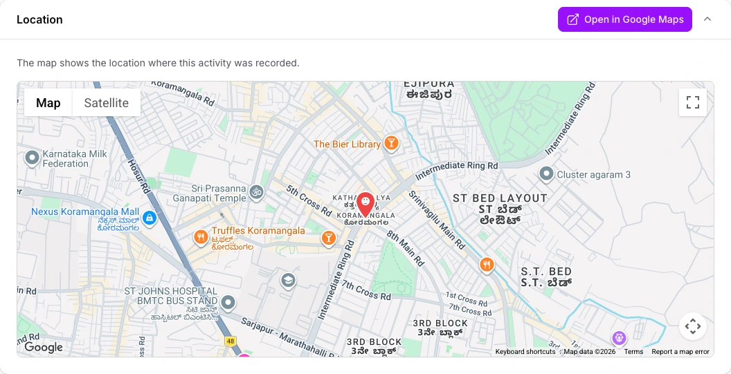NexaSync client activity location on Google Maps in Koramangala, Bengaluru.